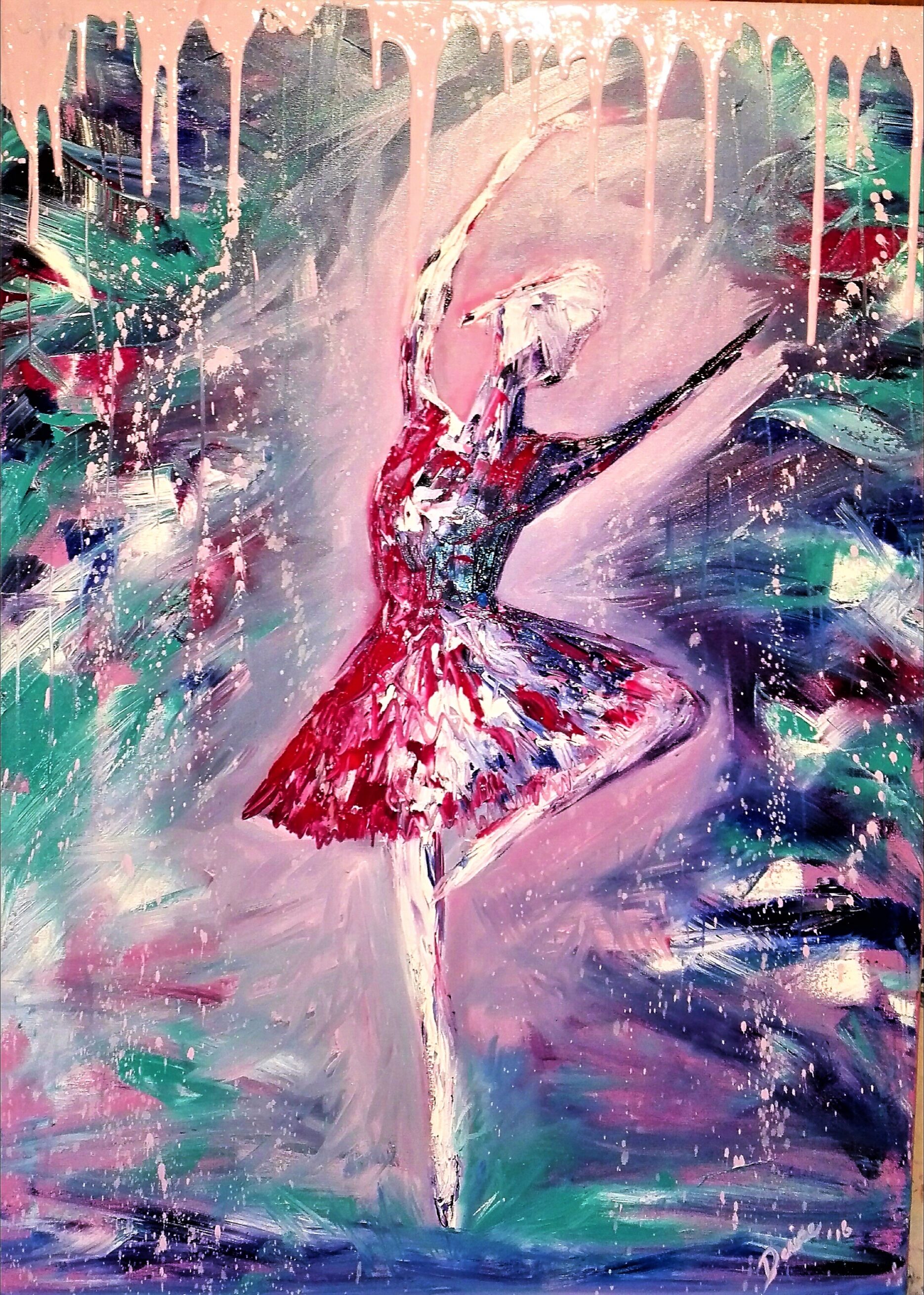 colourful ballerina dancing in snow painted in oil paint